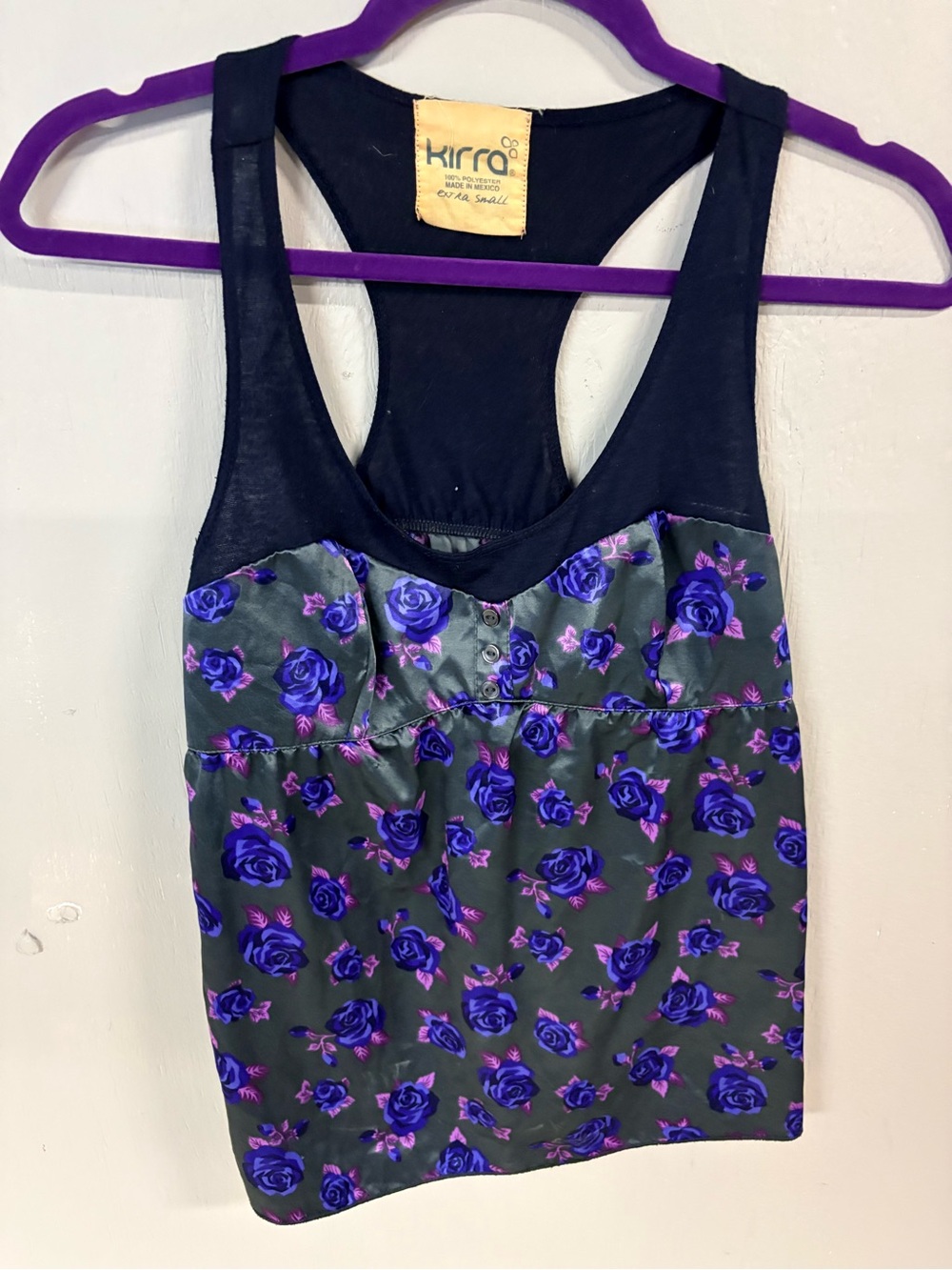 Kirra Black Tank Top with Purple Rose Print Y2K
